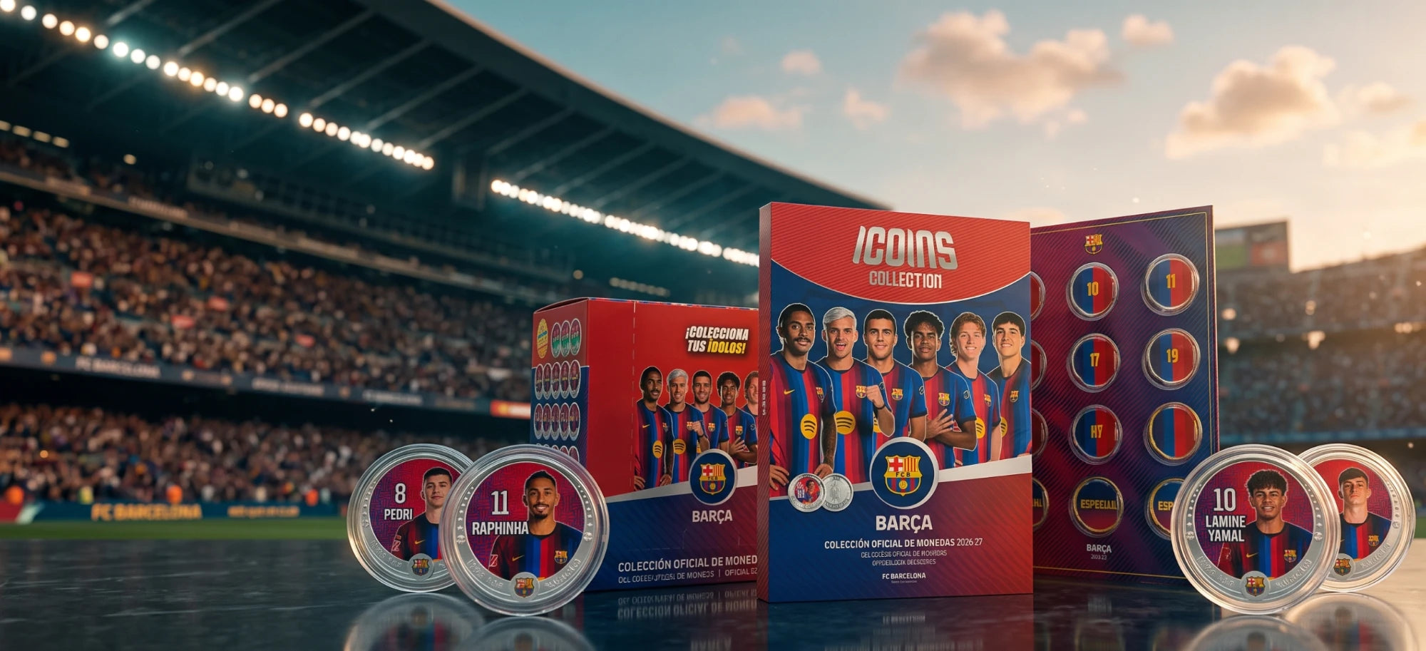 Álbum premium, caja de sobres y monedas iCoins Collection Barça en el estadio