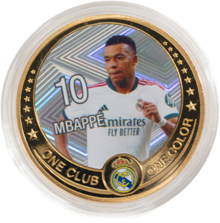 Moneda Star de Mbappé en color oro sobre fondo holográfico